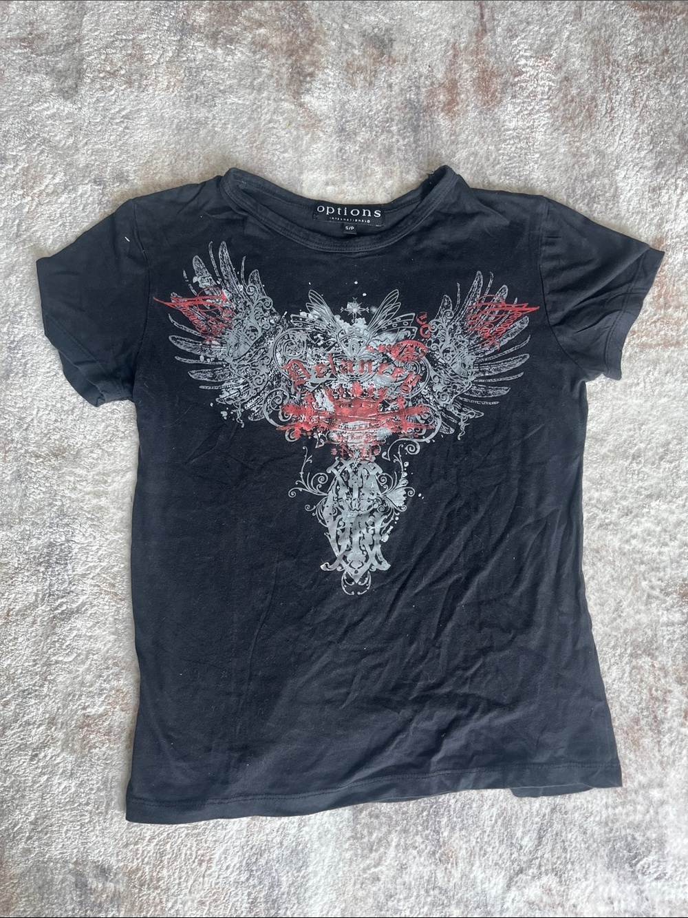 Options Black Short Sleeve Graphic Tee with Red & Gray Print